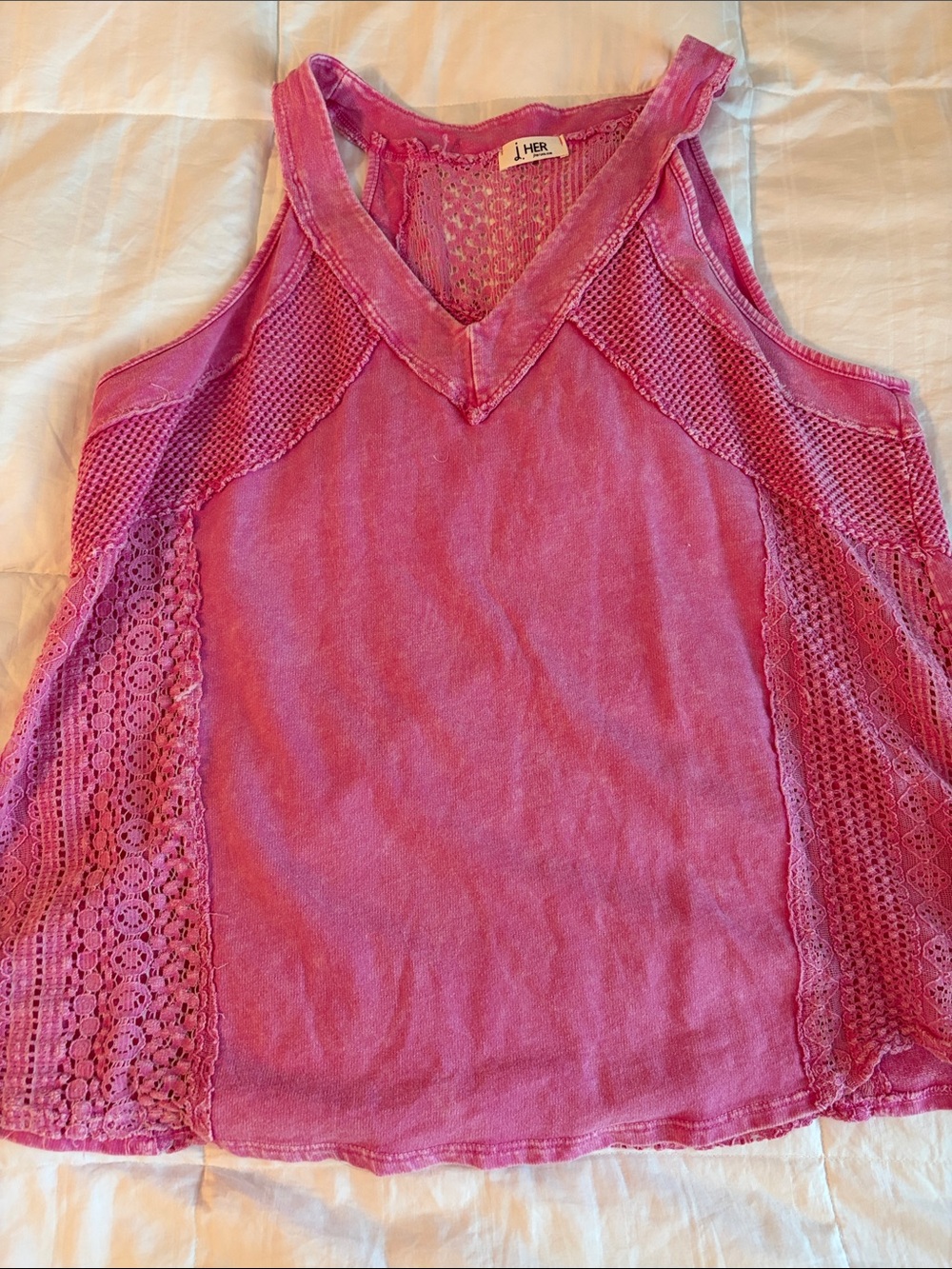 Washed Pink Lace-Trim V-Neck Tank Top by J.Her